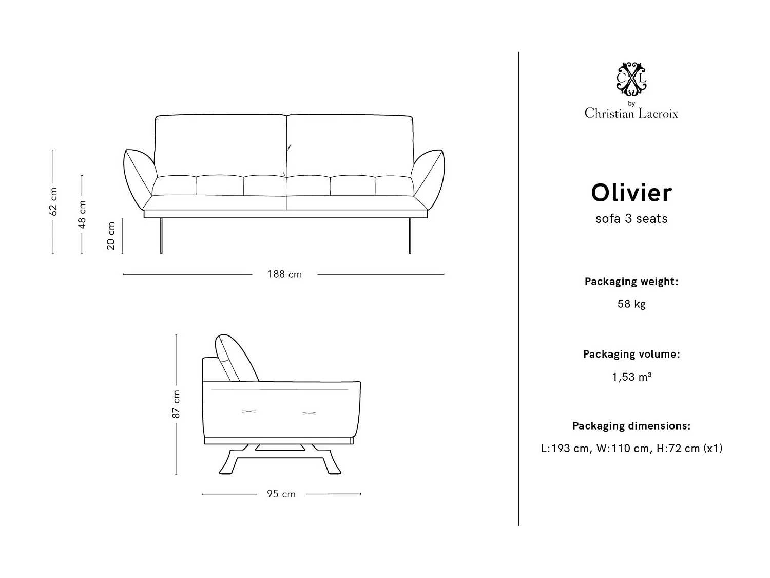 CXL by Christian Lacroix - Canapé "Olivier" 3 places en tissu structurel gris clair - 188x95x87cm