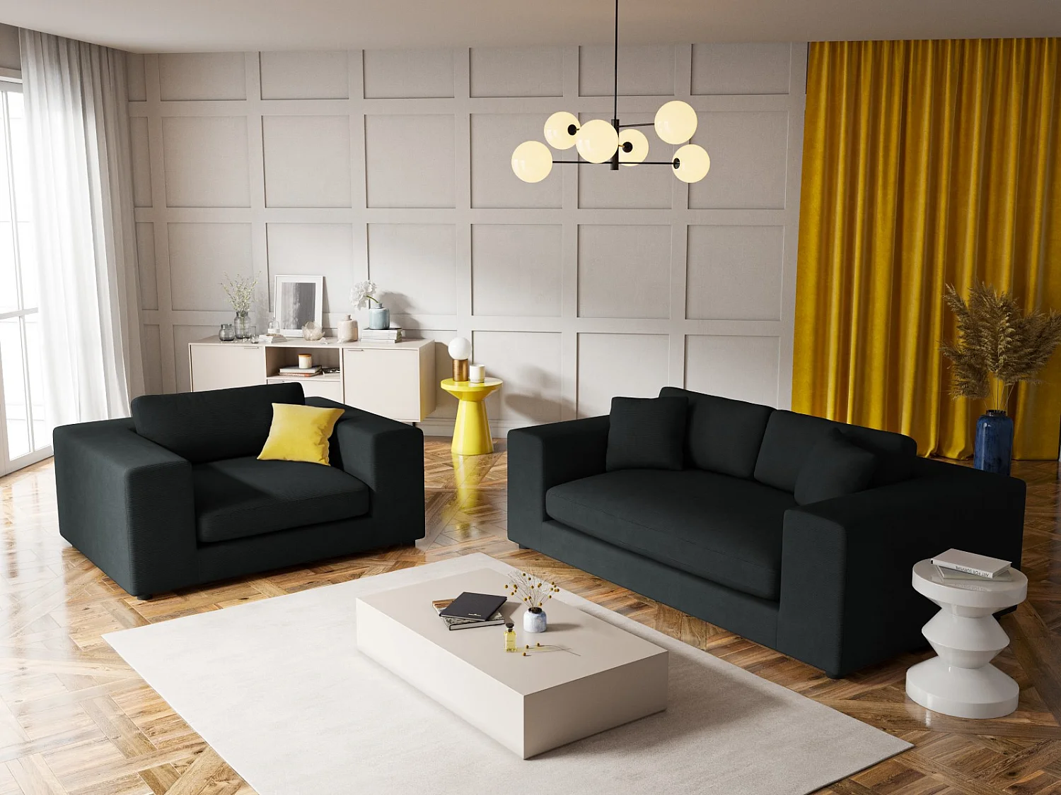 CXL by Christian Lacroix - Sofá "Tendance" 3 lugares em veludo cotelê preto - 220x122x72cm