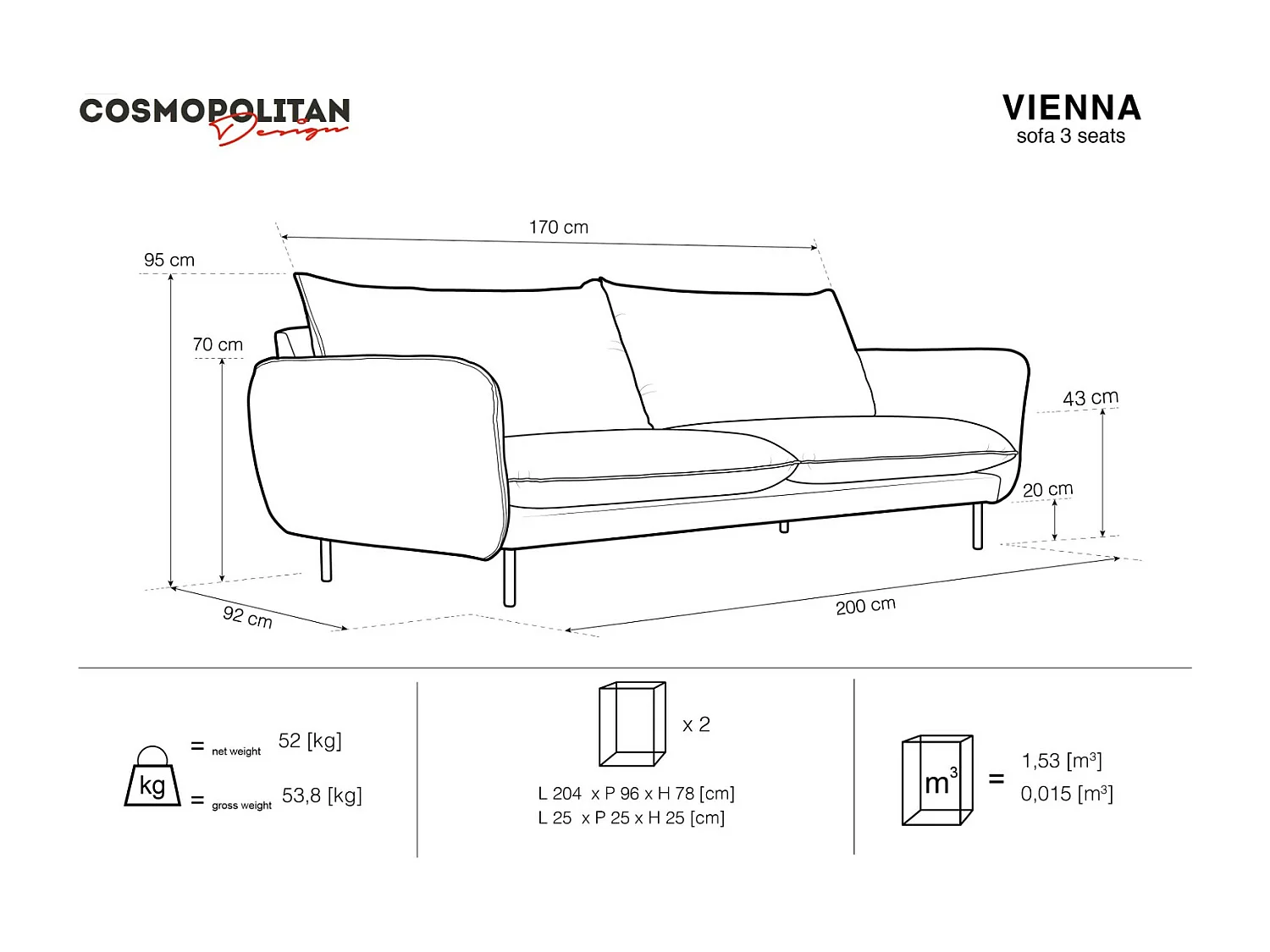 Cosmopolitan Design - 3-Sitzer Sofa "Vienna" aus Samt dunkelblau - 200x92x95cm