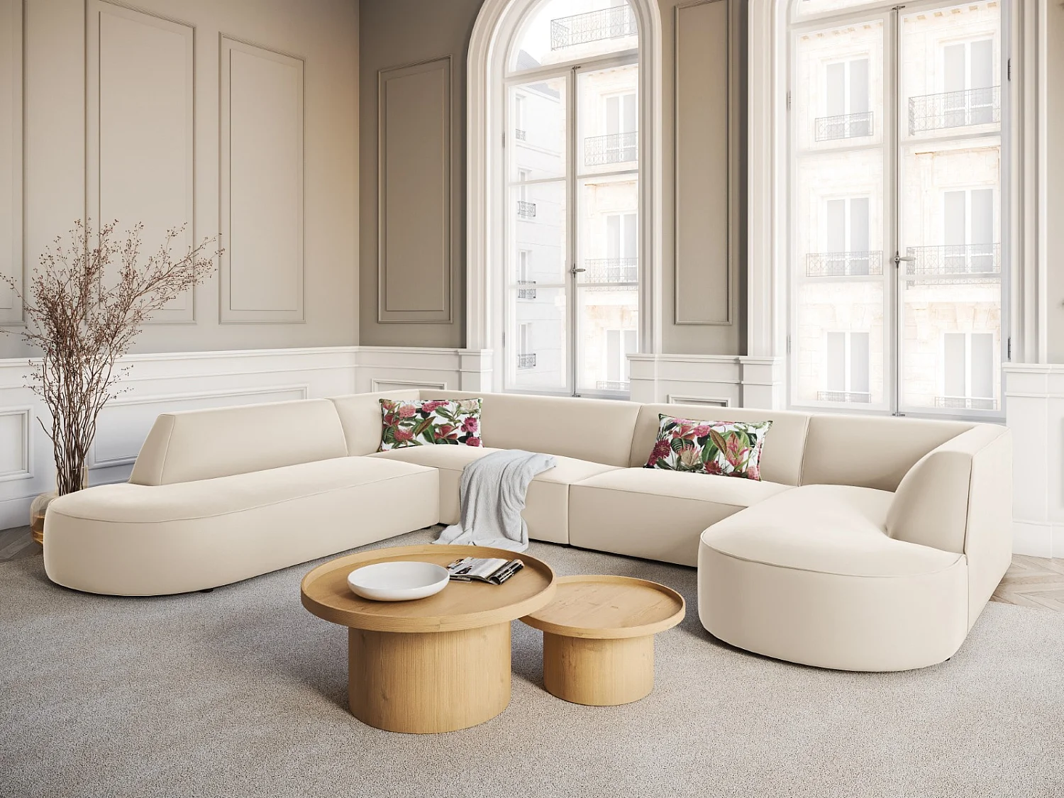 CXL by Christian Lacroix - 7-Sitzer Panoramasofa links "Charles" Sitzer aus Samt beige - 366x273x69cm