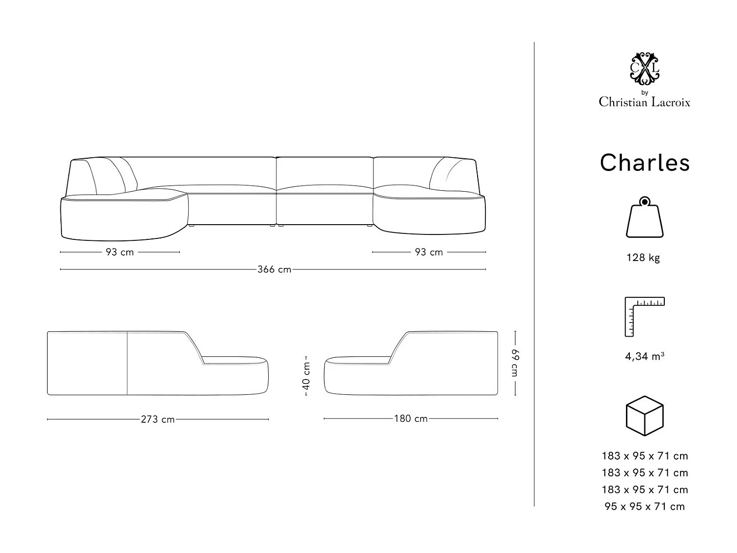 CXL by Christian Lacroix - 7-Sitzer Panoramasofa links "Charles" Sitzer aus Samt beige - 366x273x69cm