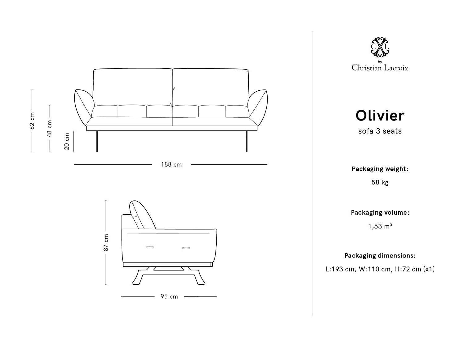 CXL by Christian Lacroix - Bank "Olivier" 3 zitplaatsen, Structurele stof, Blauw - 188x95x87cm