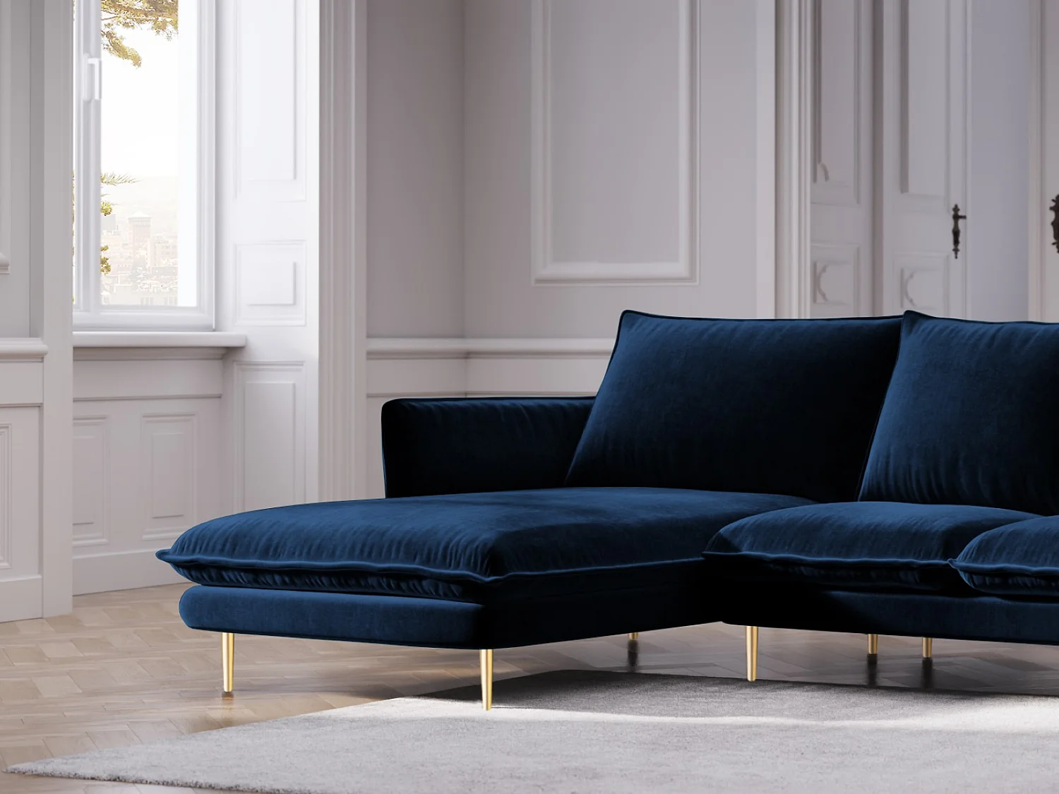 Cosmopolitan Design - 5-Sitzer Ecksofa links "Vienna" aus Samt königsblau - 255x170x95cm
