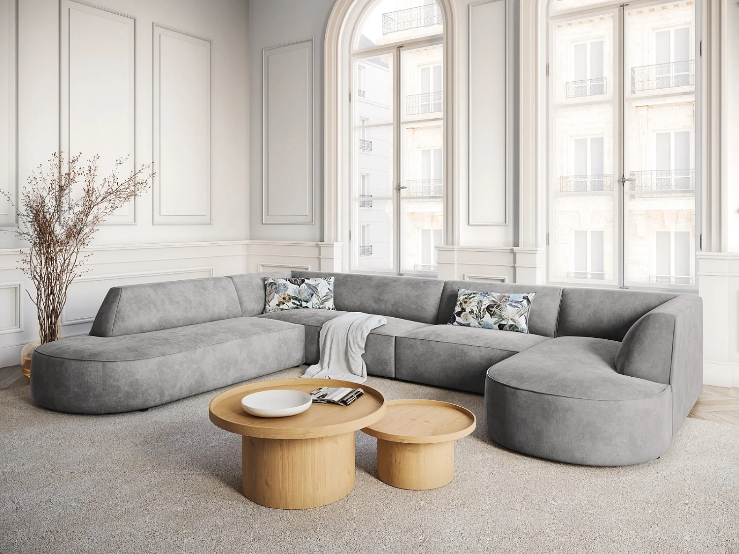CXL by Christian Lacroix - 7-Sitzer Panoramasofa links "Charles" Sitzer aus Samt hellgrau - 366x273x69cm