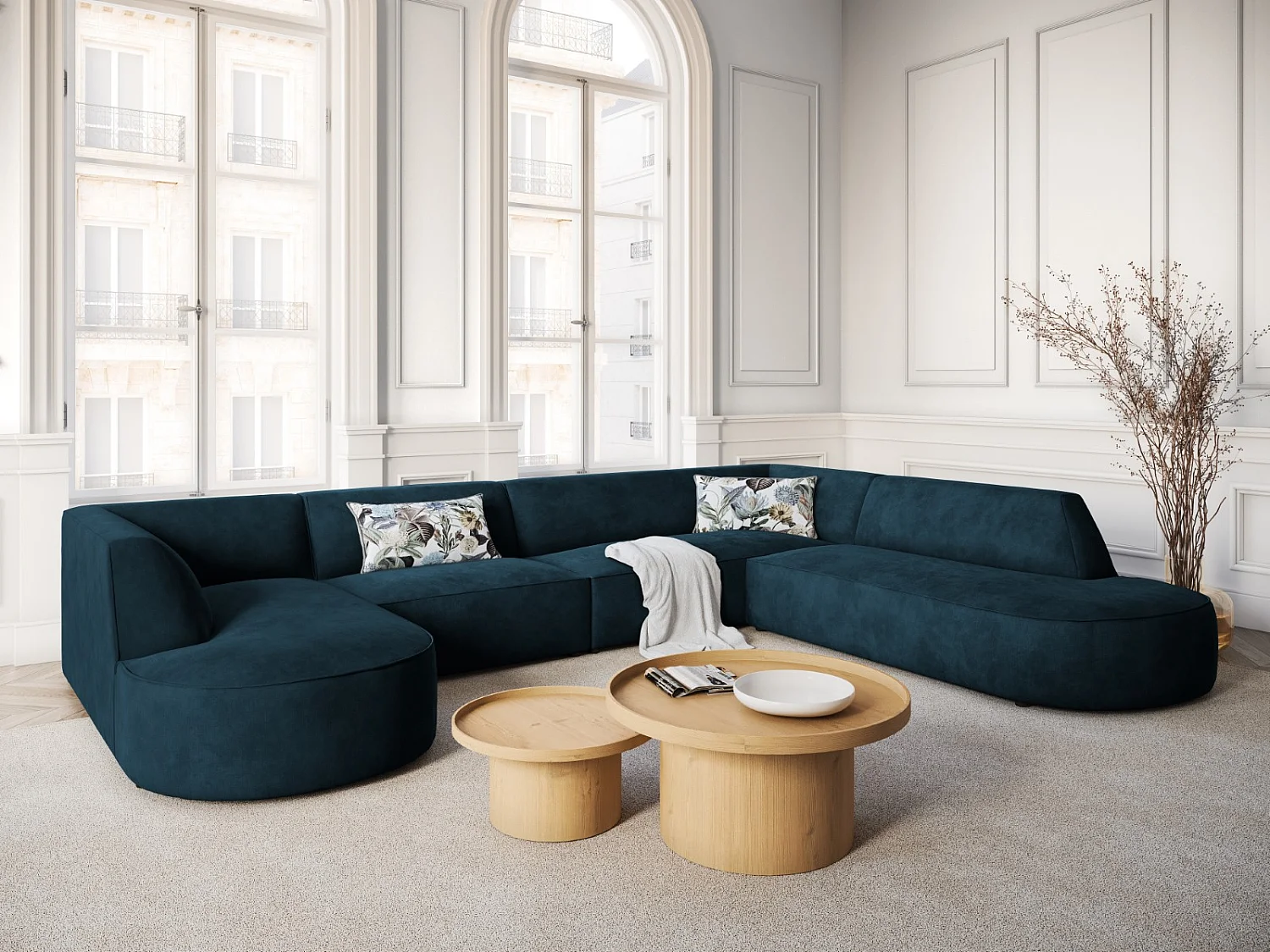 CXL by Christian Lacroix - Sofá de canto direito panorâmico "Charles" 7 lugares em veludo petróleo escuro - 366x273x69cm