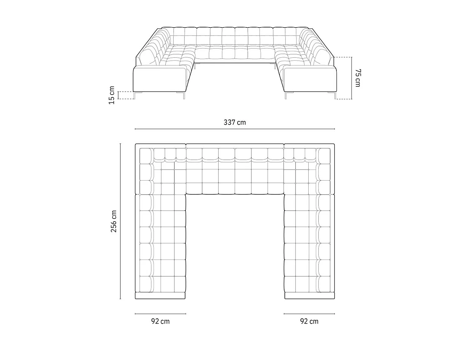 Cosmopolitan Design - Sofá panorâmico "Bali" 9 lugares em tecido estrutural cinza claro - 327x256x75cm