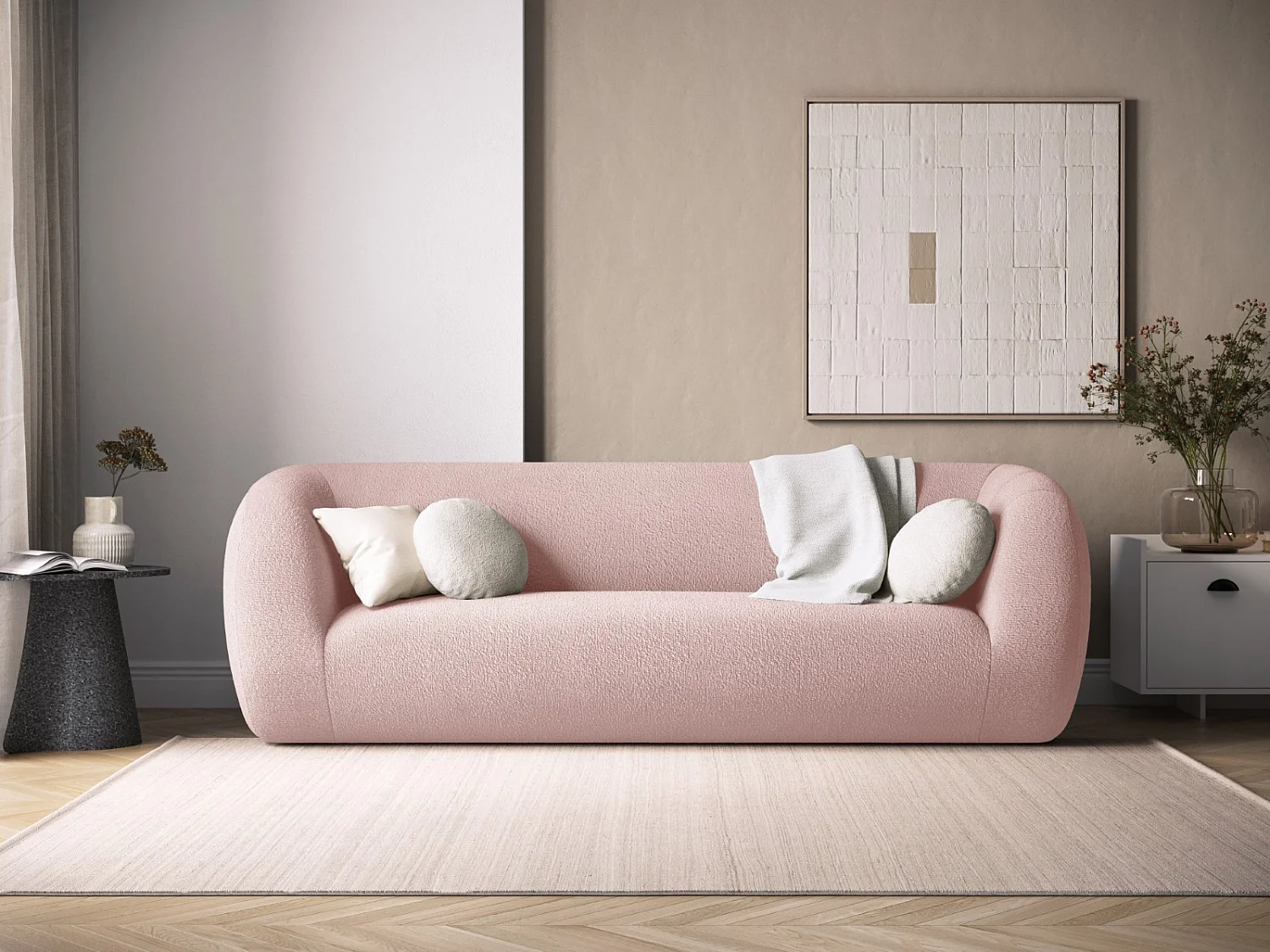 Cosmopolitan Design - Sofá "Essen" 3 lugares em tecido bouclé rosa pálido - 230x95x86cm