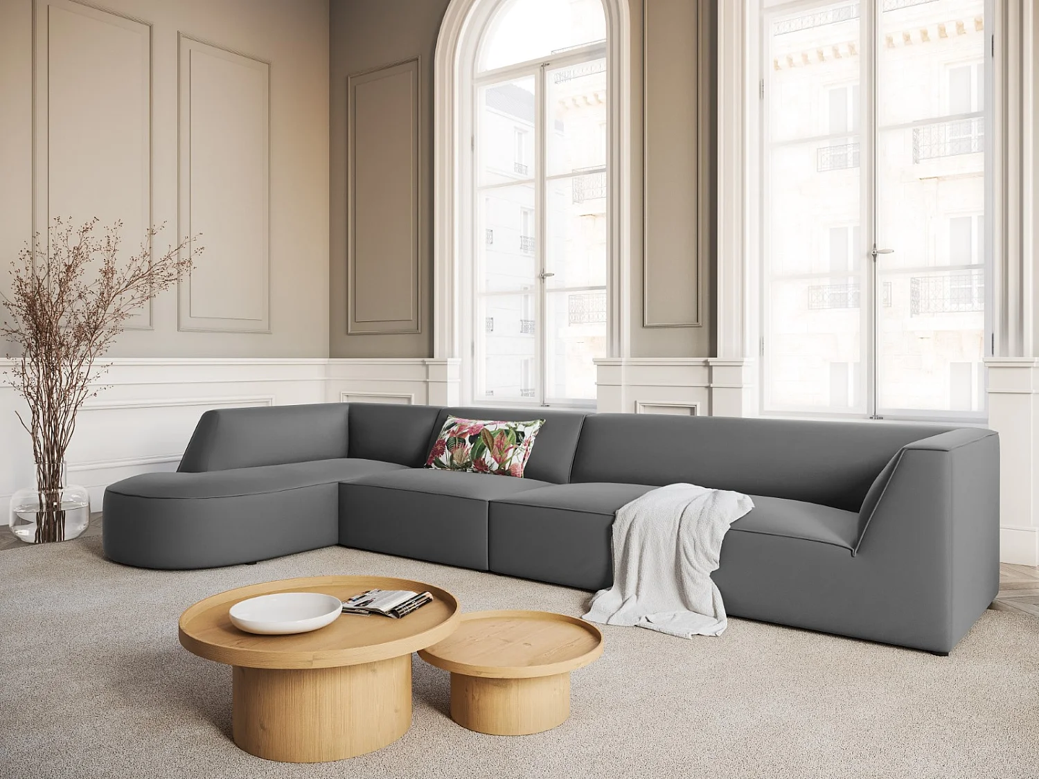 CXL by Christian Lacroix - Linker hoekbank "Charles" 5 zitplaatsen, Flueel, Donkergrijs - 366x180x69cm