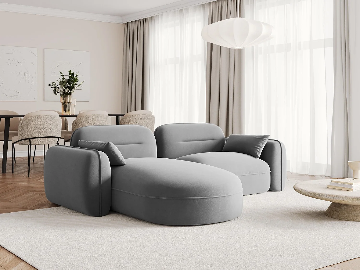 Cosmopolitan Design - 3-Sitzer modulares Ecksofa links "Sydney" aus Samt hellgrau - 230x165x70cm
