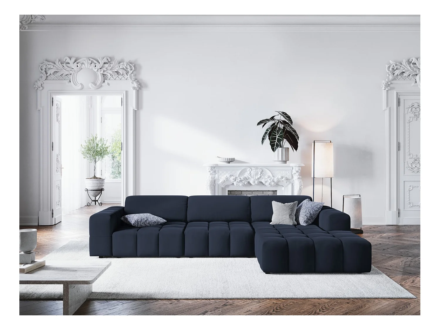 CXL by Christian Lacroix - Canapé d'angle droit "Luc" 4 places en velours bleu foncé - 284x166x70cm