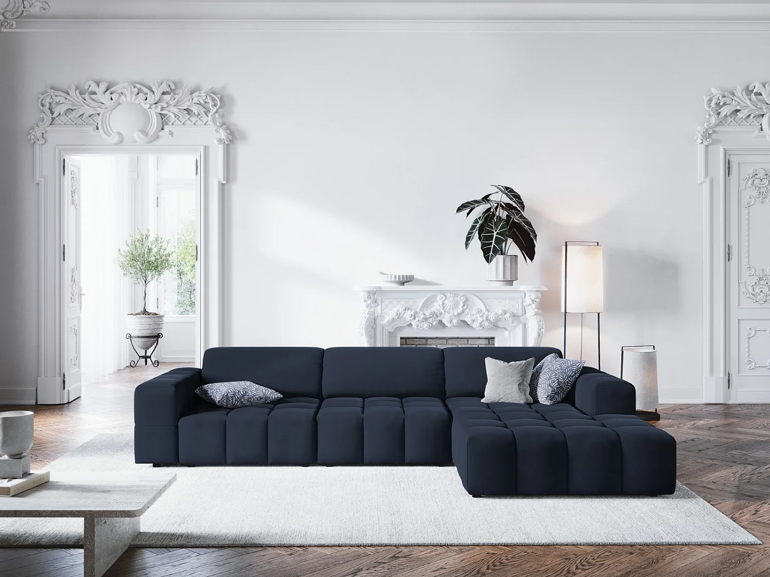 CXL by Christian Lacroix - Canapé d'angle droit "Luc" 4 places en velours bleu foncé - 284x166x70cm