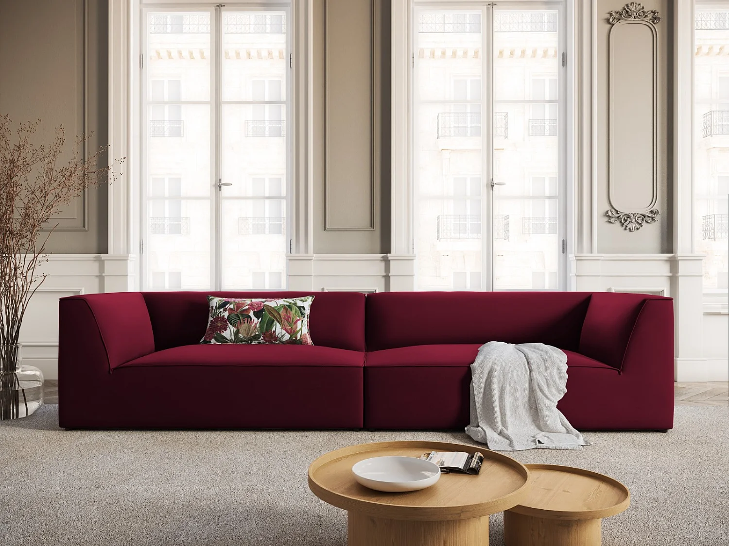 CXL by Christian Lacroix - Sofá "Charles" 4 lugares em veludo vermelho - 302x93x69cm