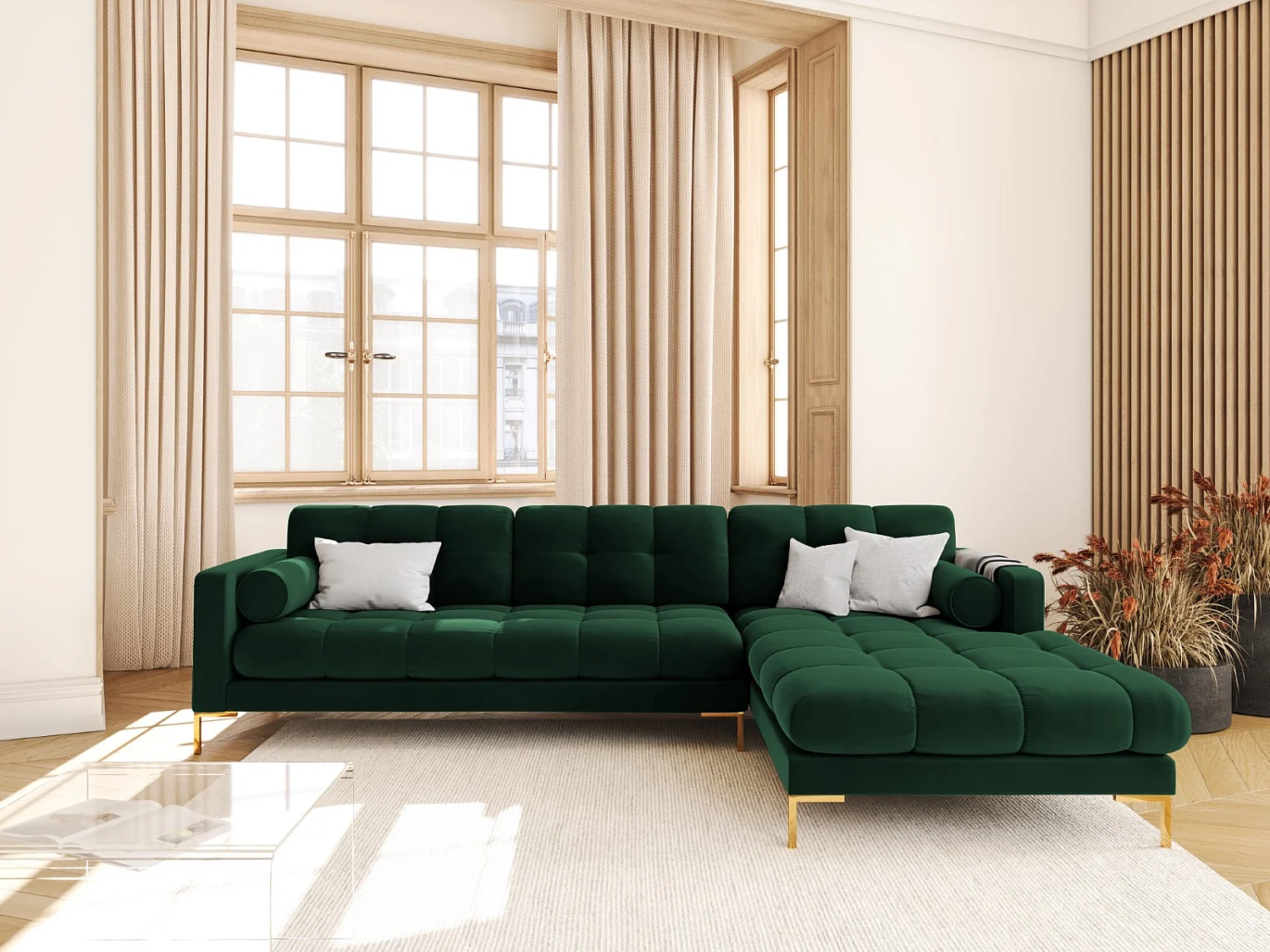 Cosmopolitan Design - 5-Sitzer Ecksofa rechts "Bali" aus Samt flaschengrün - 293x185x75cm