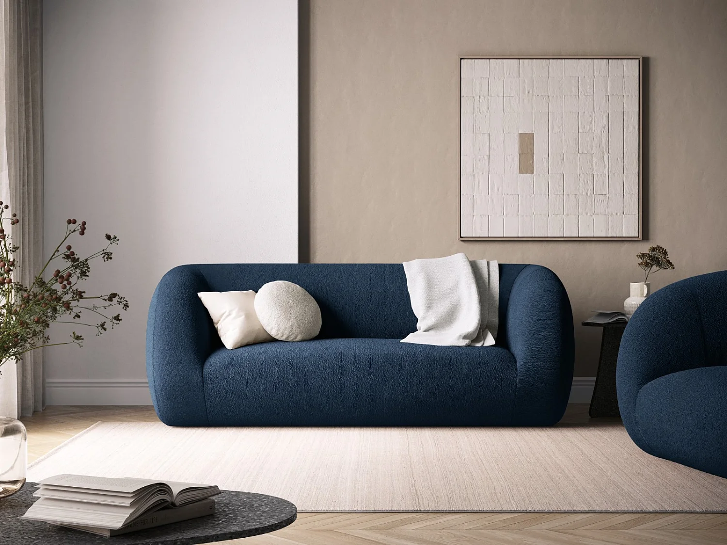 Cosmopolitan Design - Canapé "Essen" 2 places en bouclé bleu foncé - 210x95x86cm