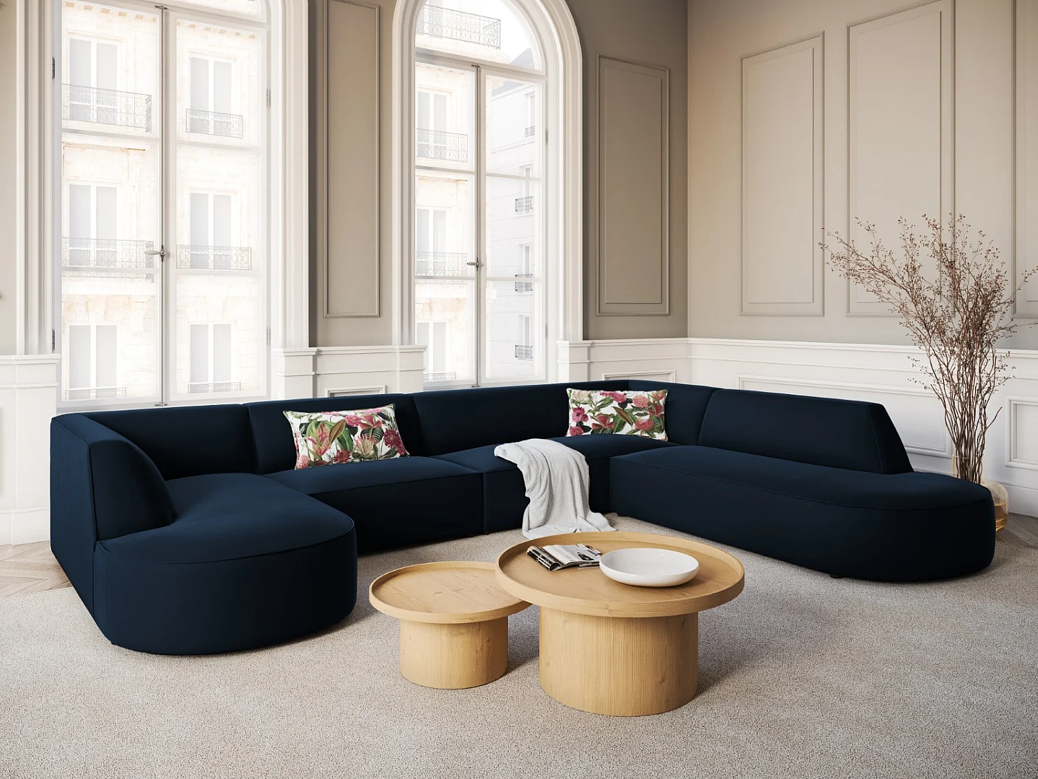 CXL by Christian Lacroix - Canapé d'angle droit panoramique "Charles" 7 places en velours bleu foncé - 366x273x69cm