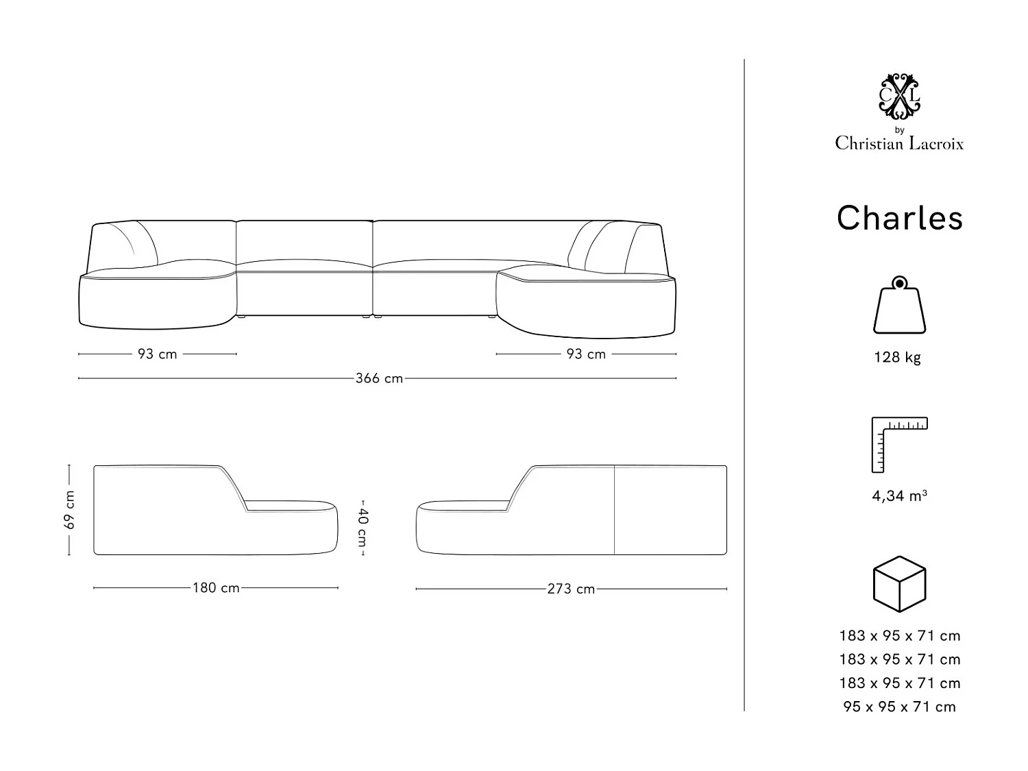 CXL by Christian Lacroix - Canapé d'angle droit panoramique "Charles" 7 places en velours bleu foncé - 366x273x69cm