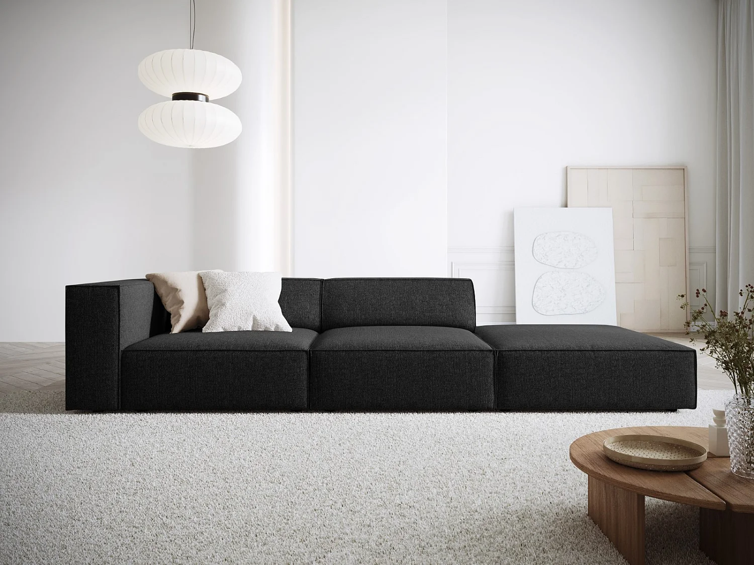 Cosmopolitan Design - Rechte bank "Arendal" 4 zitplaatsen, Chenille, Zwart - 262x102x70cm
