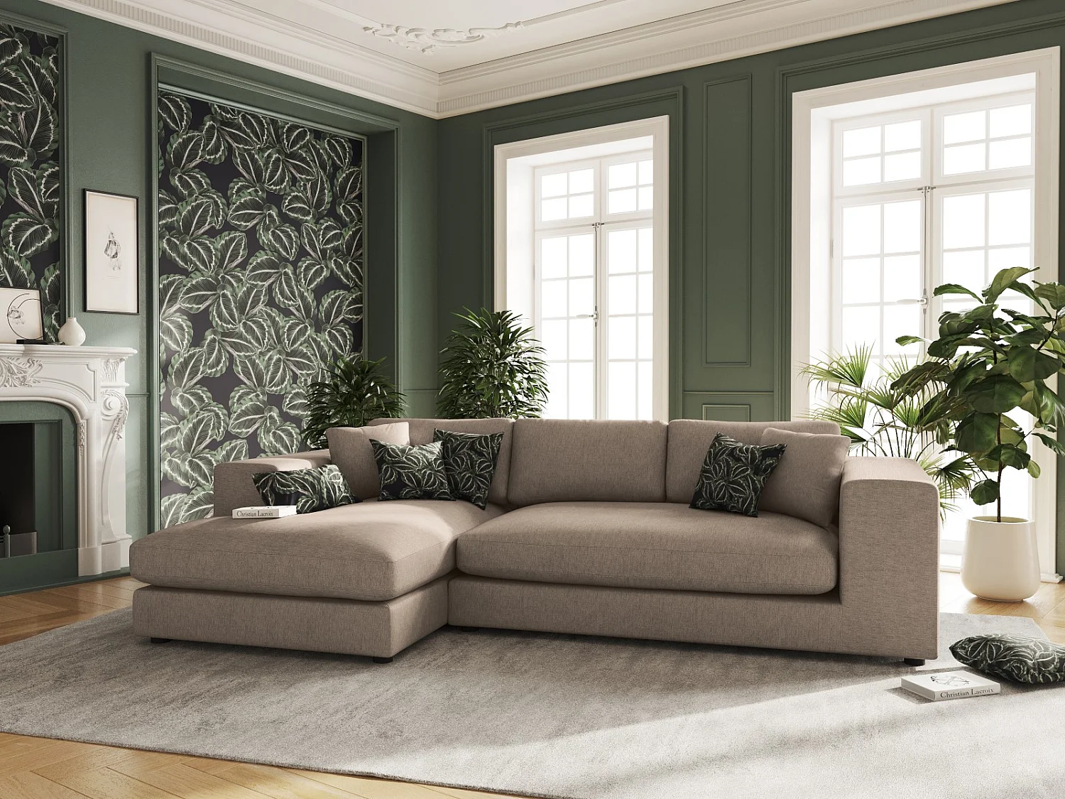 CXL by Christian Lacroix - Canapé d'angle gauche "Tendance" 5 places en tissu structurel marron clair - 282x174x72cm