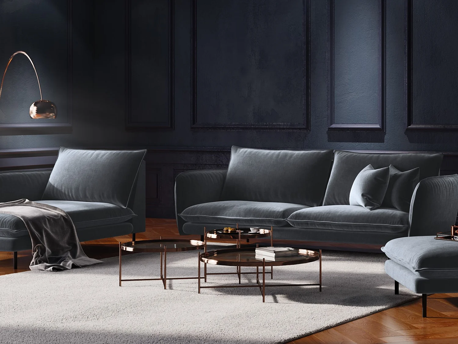 Cosmopolitan Design - Canapé "Vienna" 4 places en velours bleu gris - 230x92x95cm