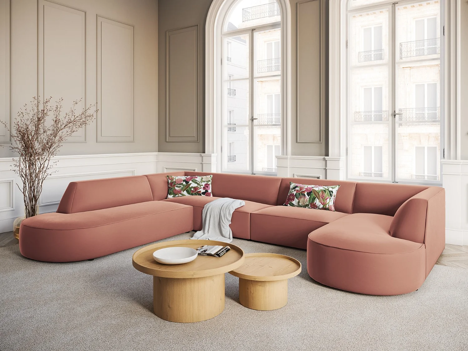 CXL by Christian Lacroix - Canapé d'angle gauche panoramique "Charles" 7 places en velours rose - 366x273x69cm