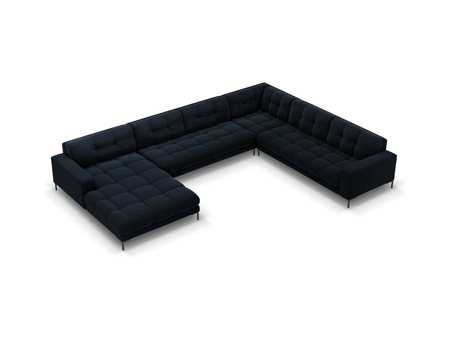 Cosmopolitan Design - Canapé d'angle droit panoramique "Bali" 7 places en velours bleu foncé - 327x256x75cm
