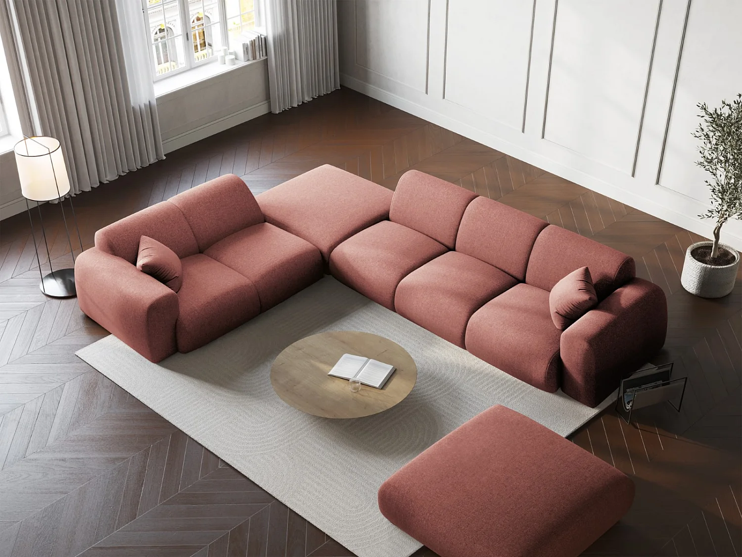 Cosmopolitan Design - 4-Sitzer Ecksofa links "Nolio" aus Chenille-Stoff rosa - 315x250x72cm