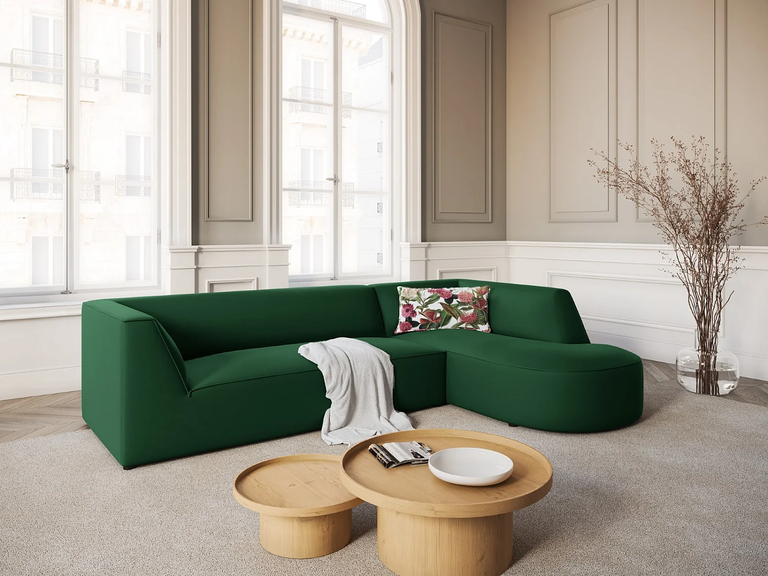 CXL by Christian Lacroix - Sofá esquinero derecho "Charles" 4 plazas de terciopelo verde - 273x180x69cm