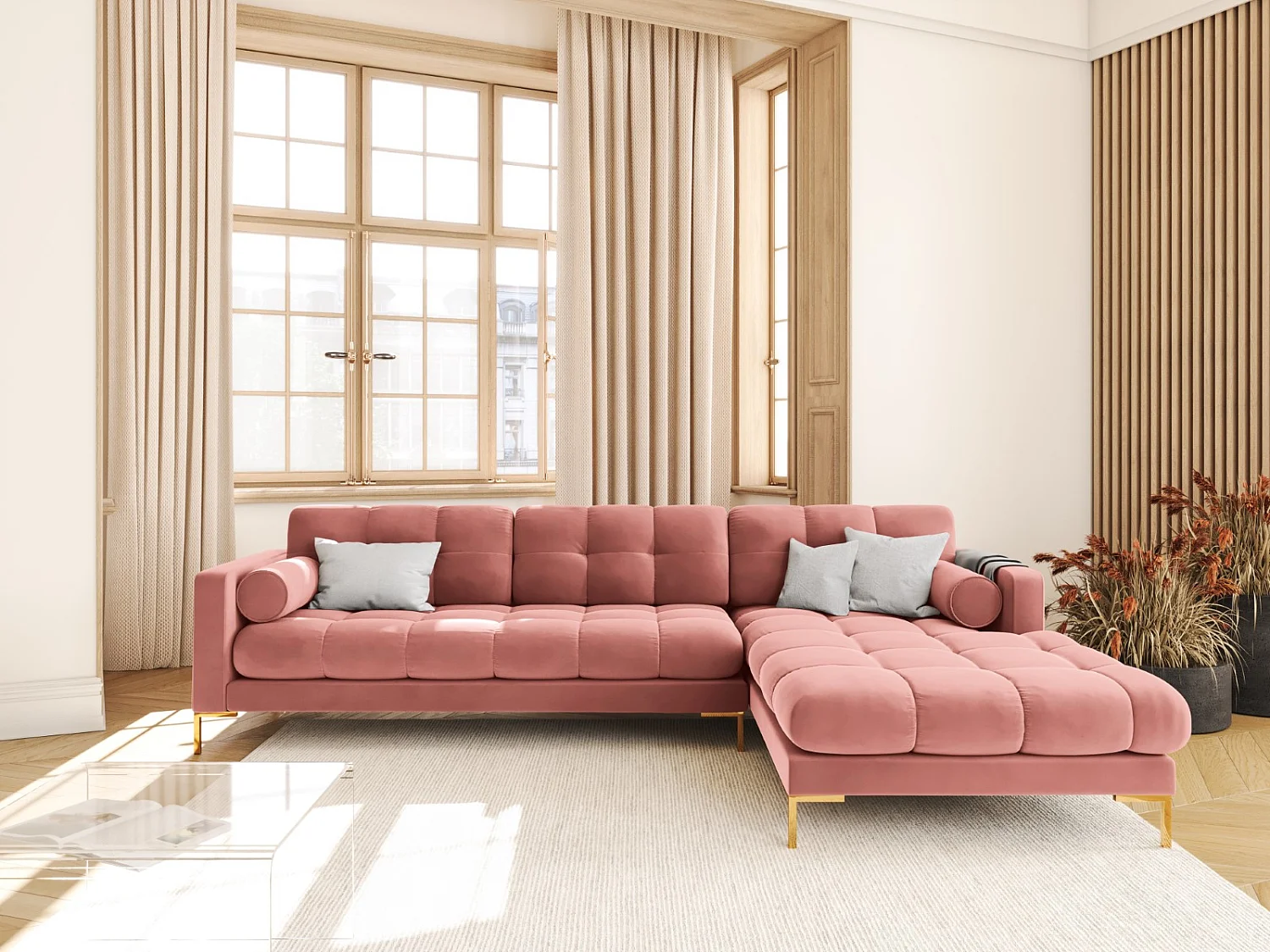Cosmopolitan Design - 5-Sitzer Ecksofa rechts "Bali" aus Samt rosa - 293x185x75cm