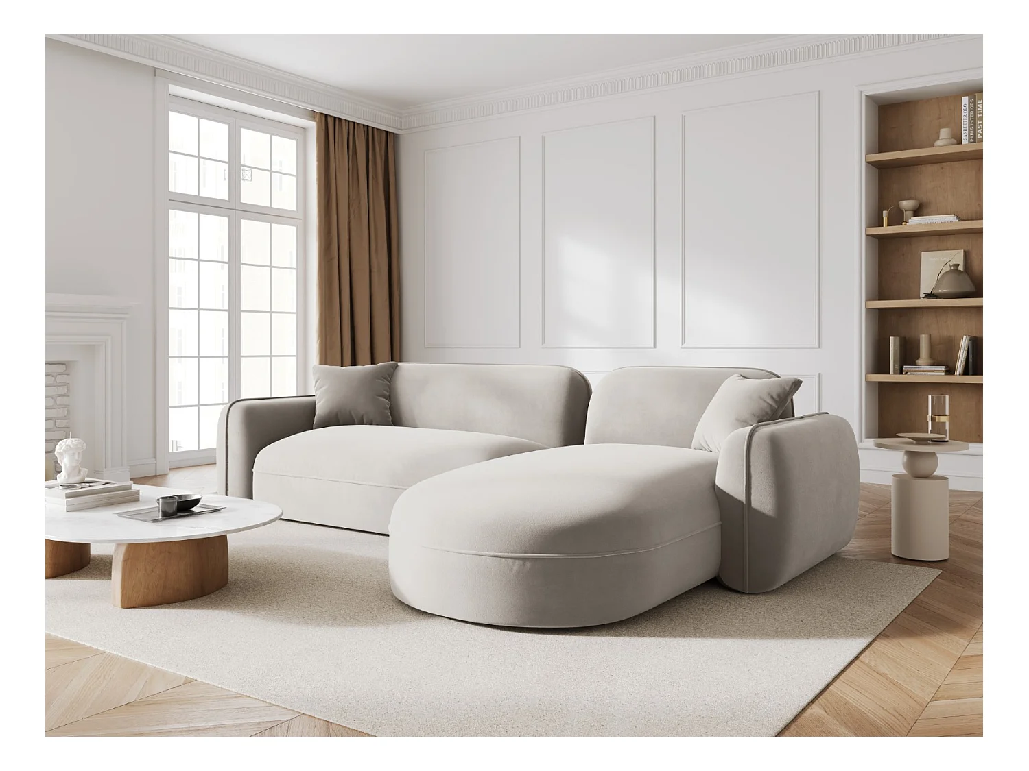 CXL by Christian Lacroix - Canapé d'angle droit modulable "Lucien" 4 places en velours beige clair - 275x165x70cm