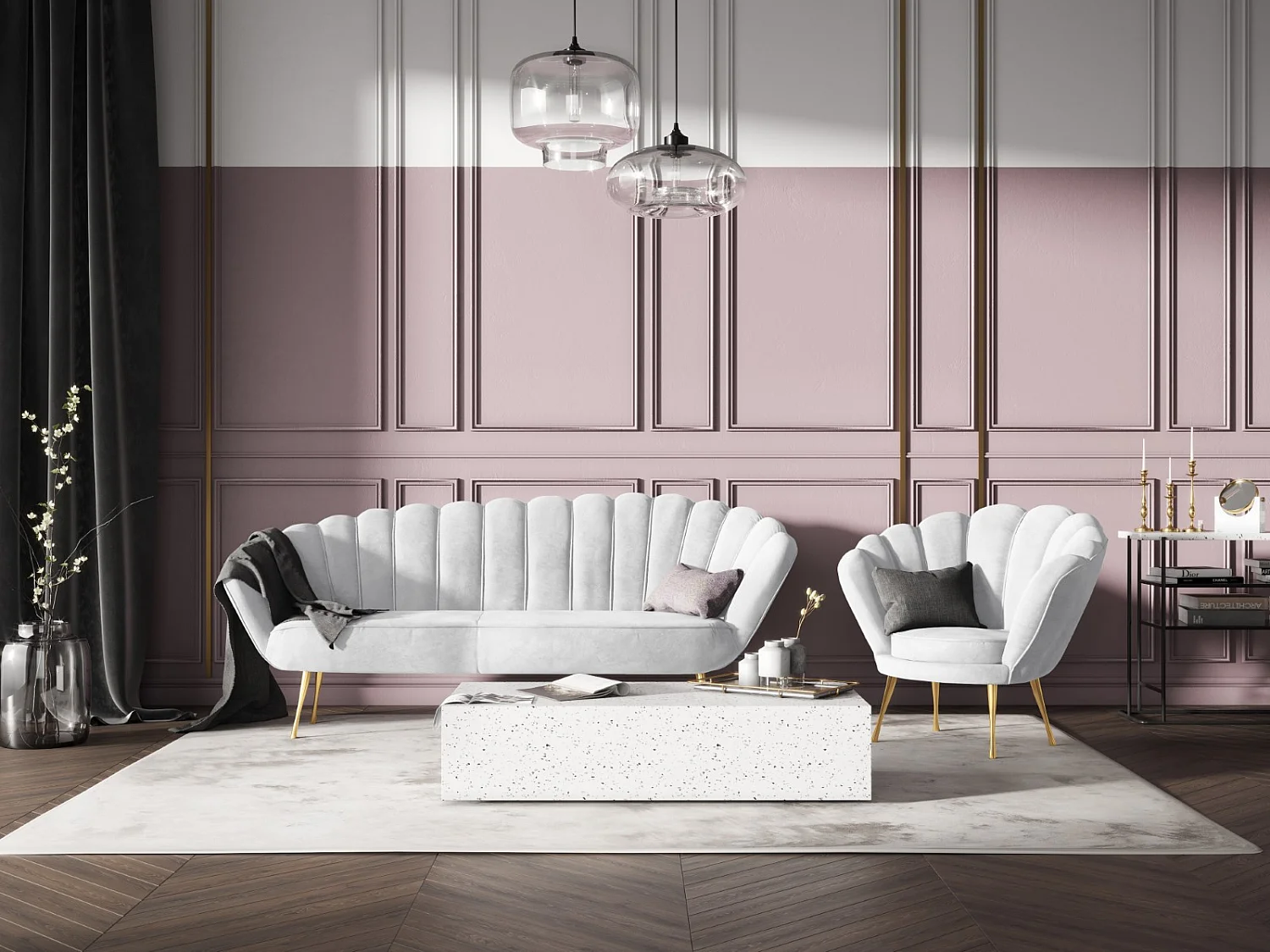 Cosmopolitan Design - Canapé "Kingston" 3 places en velours gris clair - 224x95x85cm