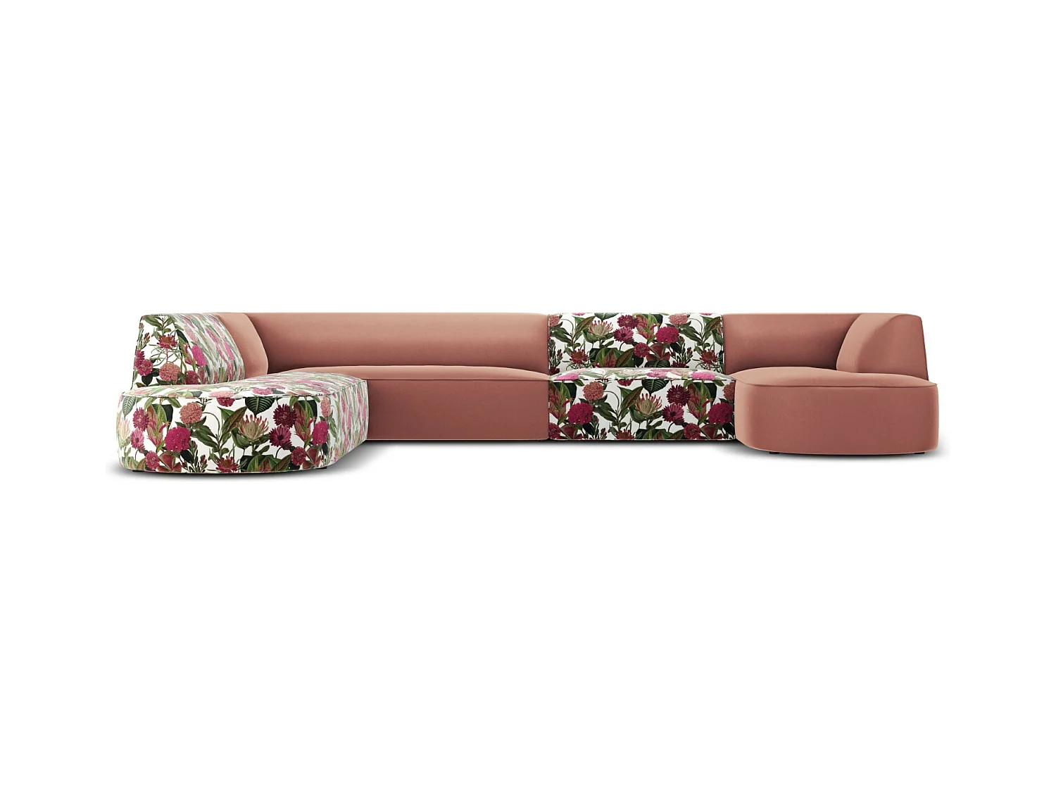 CXL by Christian Lacroix - Panoramische hoekbank links "Charles" 7 zitplaatsen, Flueel, tuinroospatroon, roze - 366x273x69cm