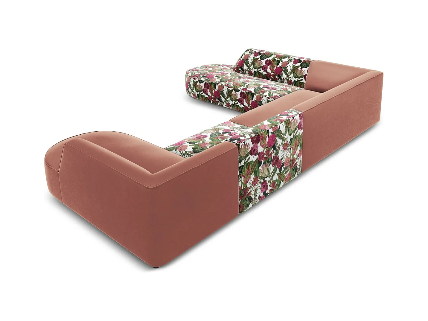 CXL by Christian Lacroix - Panoramische hoekbank links "Charles" 7 zitplaatsen, Flueel, tuinroospatroon, roze - 366x273x69cm