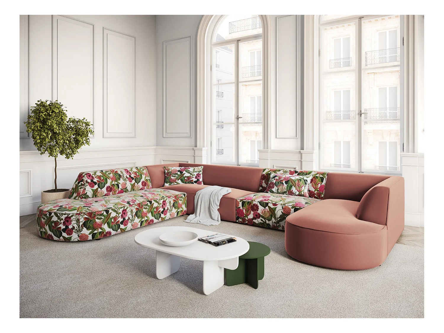 CXL by Christian Lacroix - Panoramische hoekbank links "Charles" 7 zitplaatsen, Flueel, tuinroospatroon, roze - 366x273x69cm