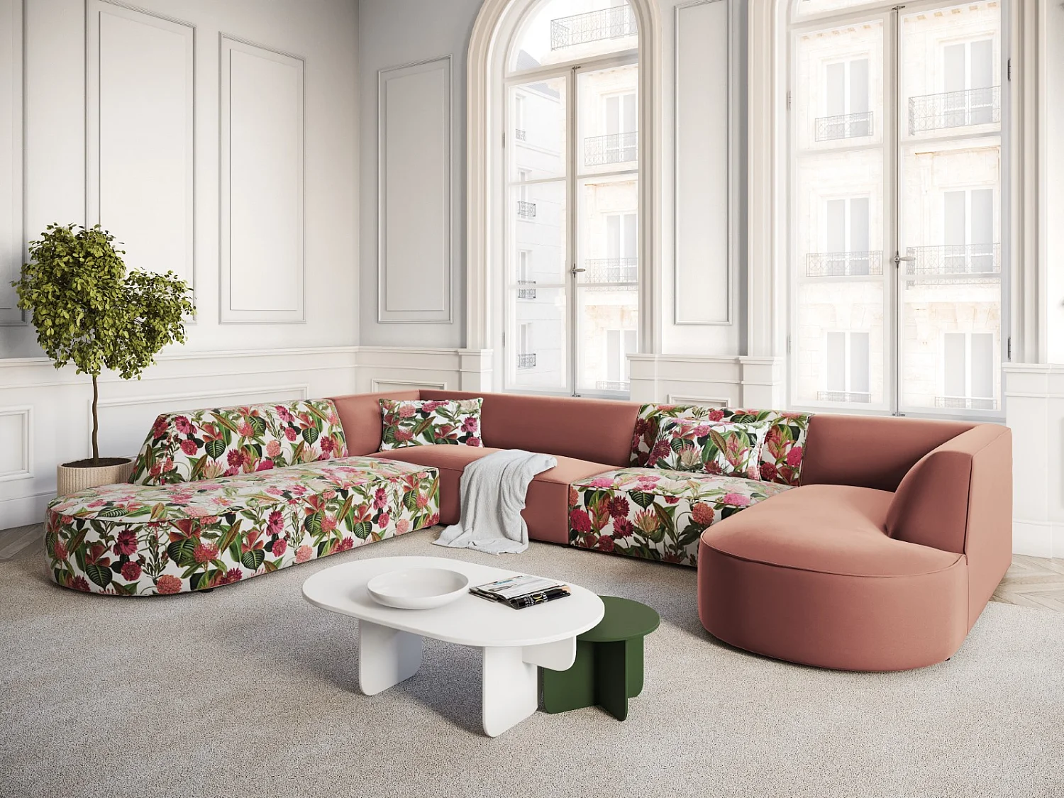 CXL by Christian Lacroix - Panoramische hoekbank links "Charles" 7 zitplaatsen, Flueel, tuinroospatroon, roze - 366x273x69cm