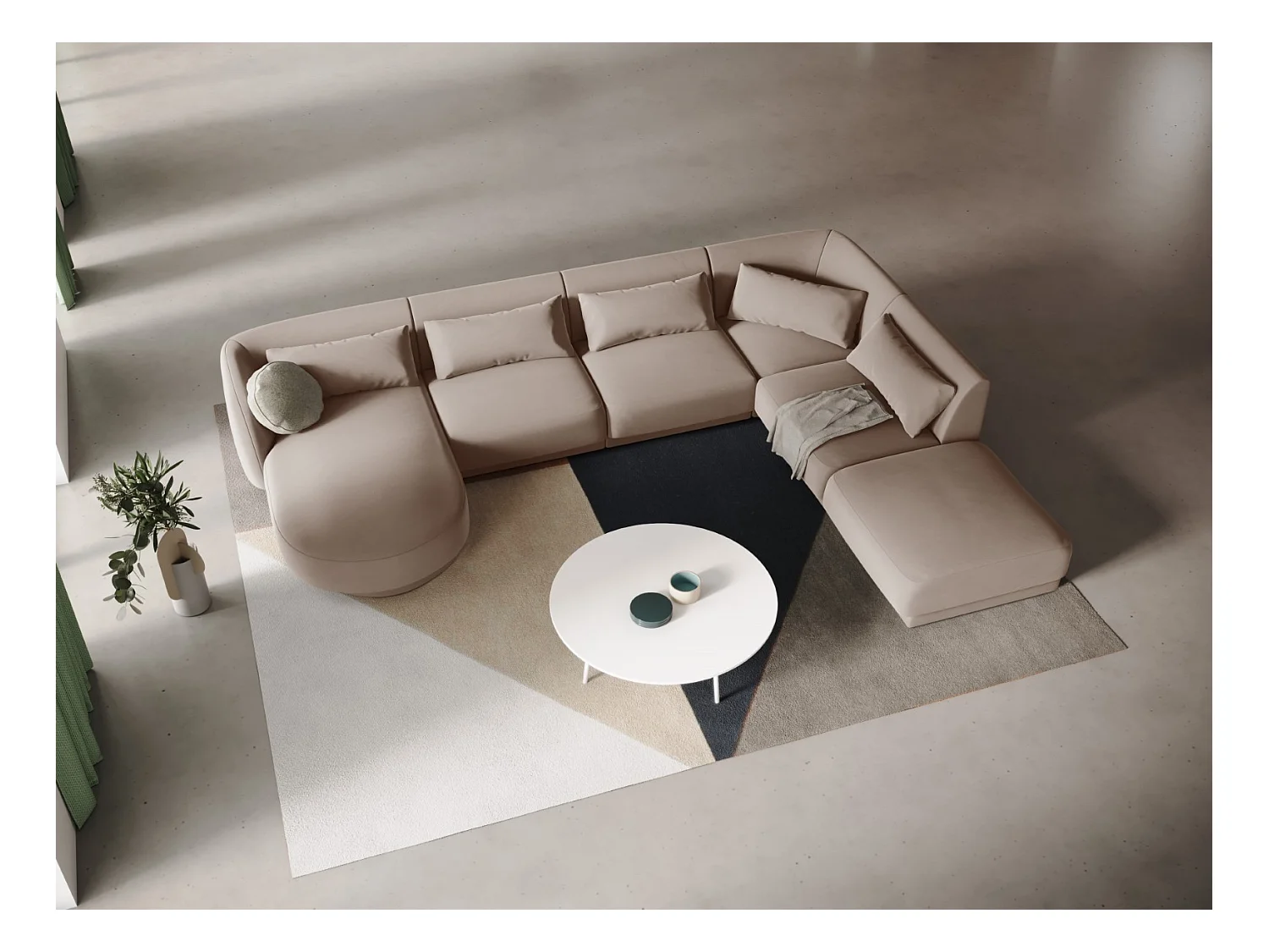 Cosmopolitan Design - Canapé d'angle droit panoramique "Tulum" 6 places en velours beige - 330x255x70cm