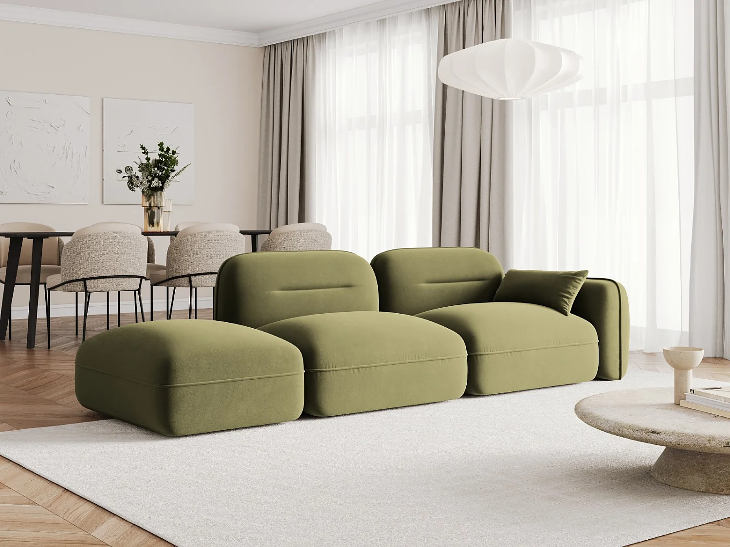 Cosmopolitan Design - Sofá modular virado para a esquerda "Sydney" 3 lugares em veludo verde claro - 295x90x70cm