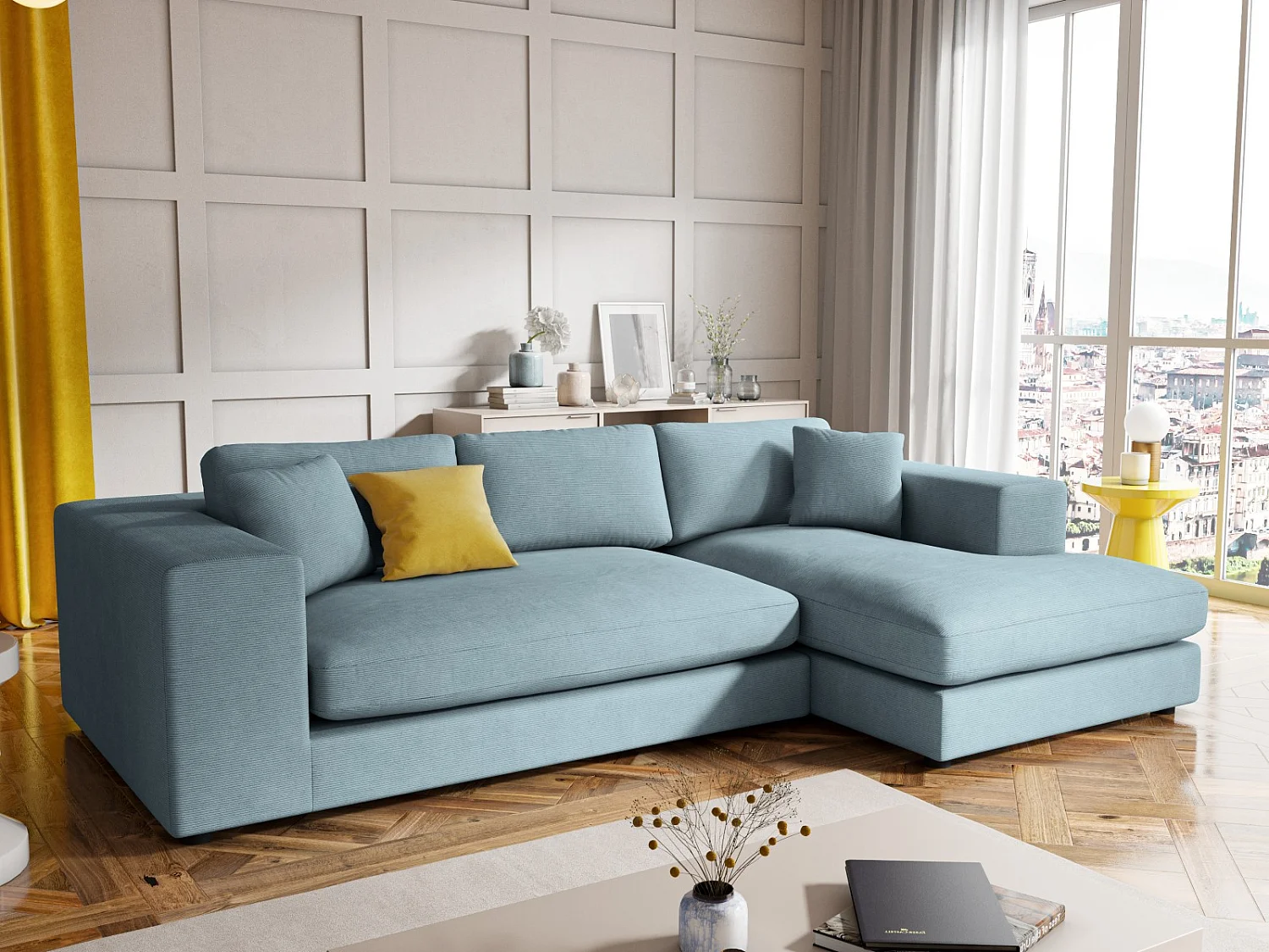 CXL by Christian Lacroix - 5-Sitzer Ecksofa rechts "Tendance" Sitzer aus Cord hellblau - 282x174x72cm