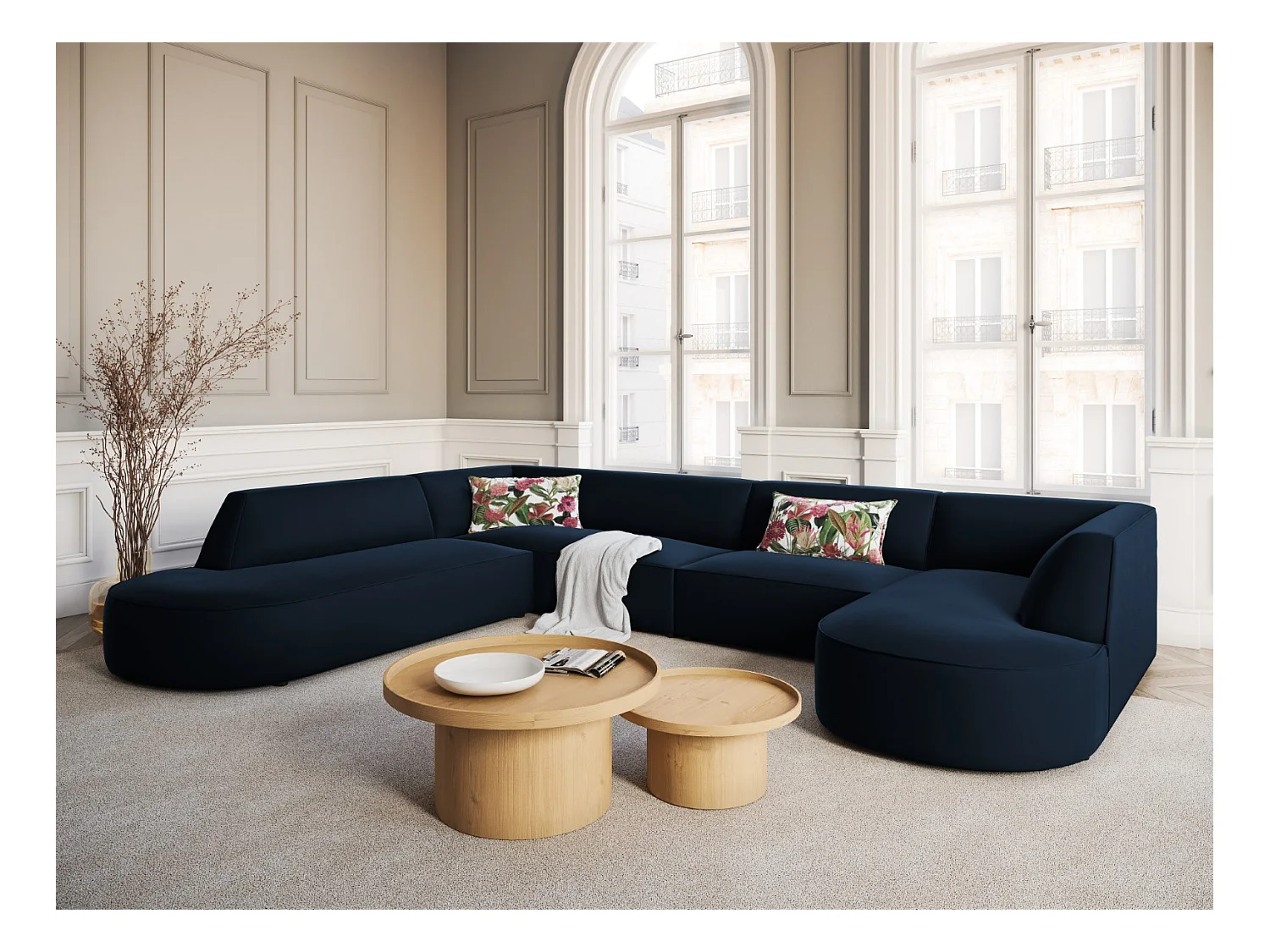 CXL by Christian Lacroix - Canapé d'angle gauche panoramique "Charles" 7 places en velours bleu foncé - 366x273x69cm