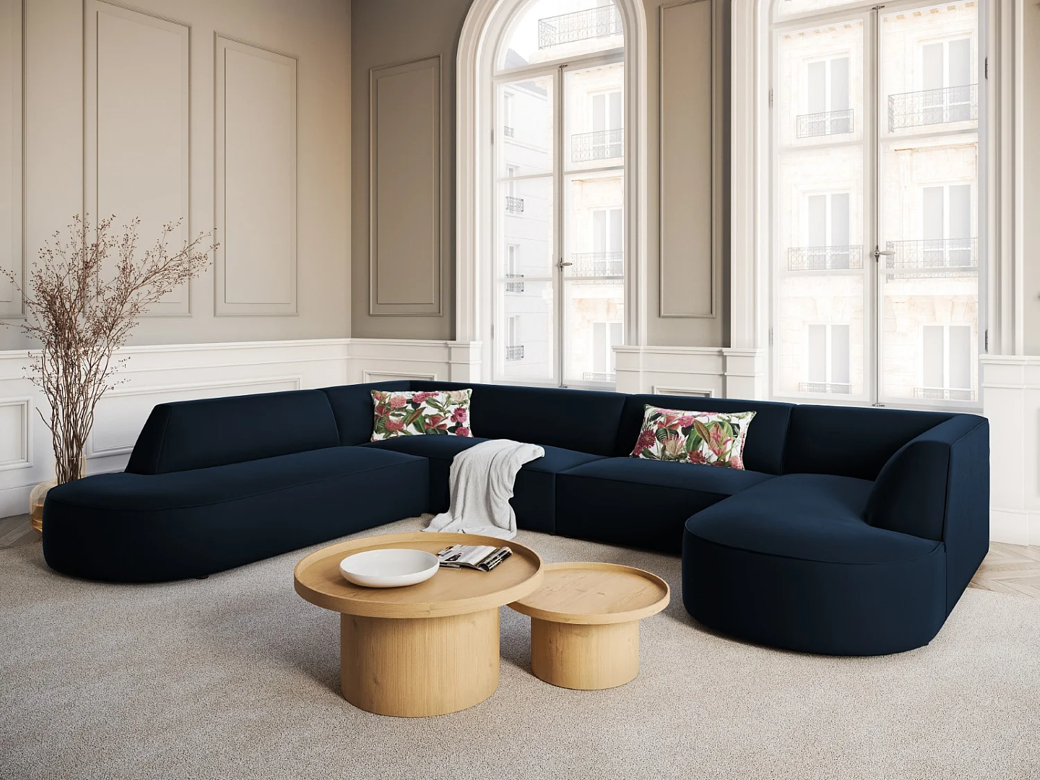 CXL by Christian Lacroix - Sofá de canto panorâmico à esquerda "Charles" 7 lugares em veludo azul escuro - 366x273x69cm