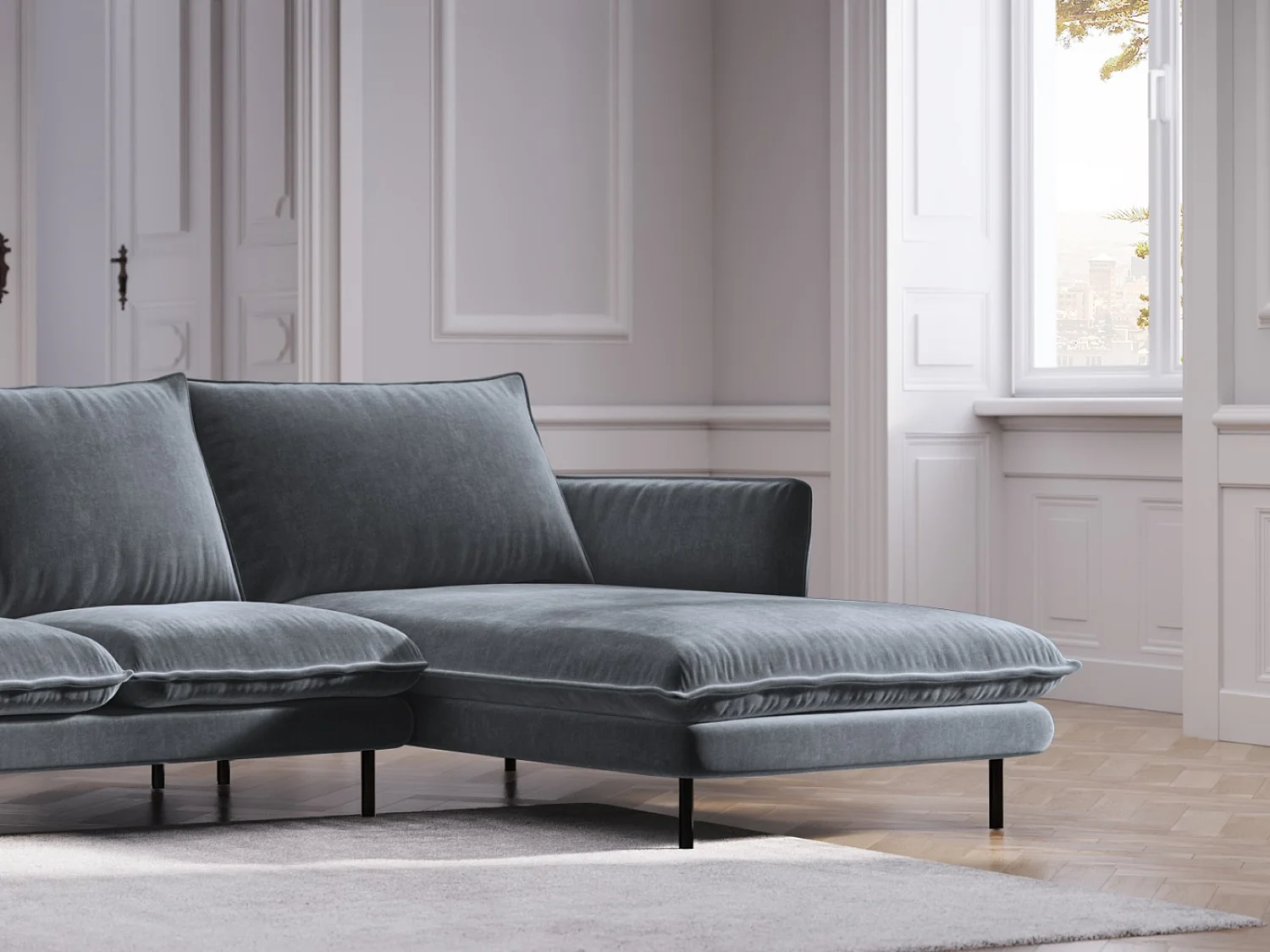 Cosmopolitan Design - Narożnik prawy, "Vienna" 5 miejsc welur, niebieski szary - 255x170x95cm