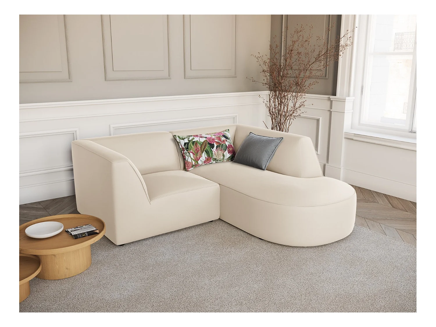 CXL by Christian Lacroix - Canapé d'angle droit "Charles" 3 places en velours beige - 186x180x69cm