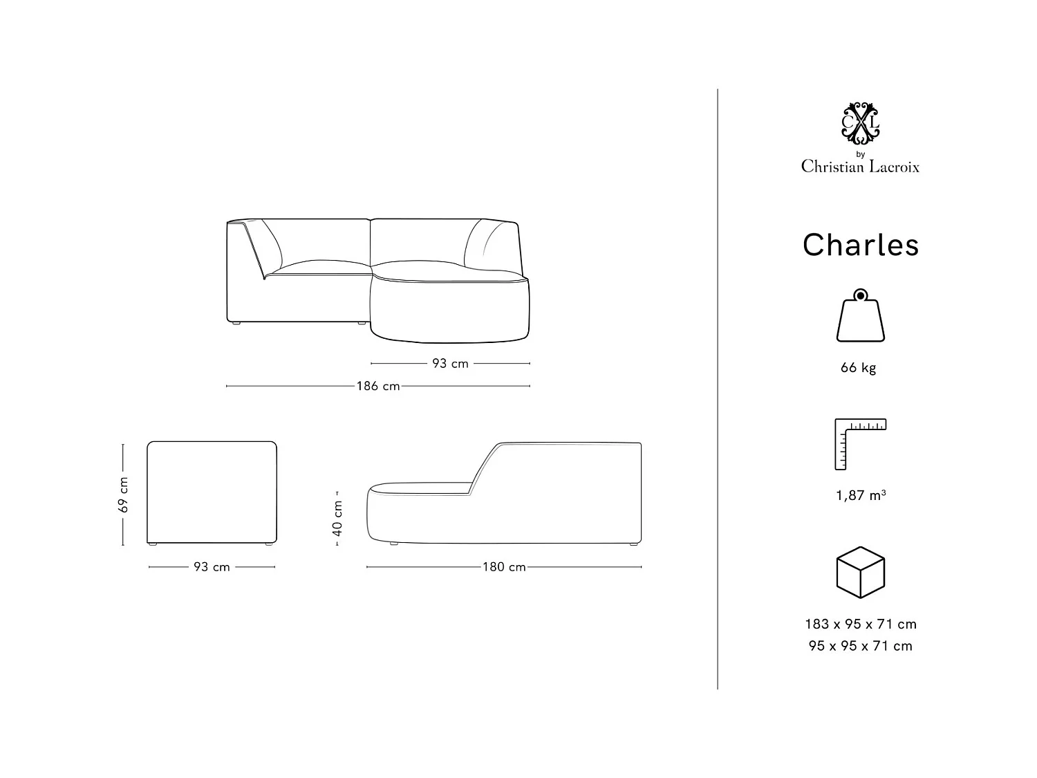 CXL by Christian Lacroix - Canapé d'angle droit "Charles" 3 places en velours beige - 186x180x69cm