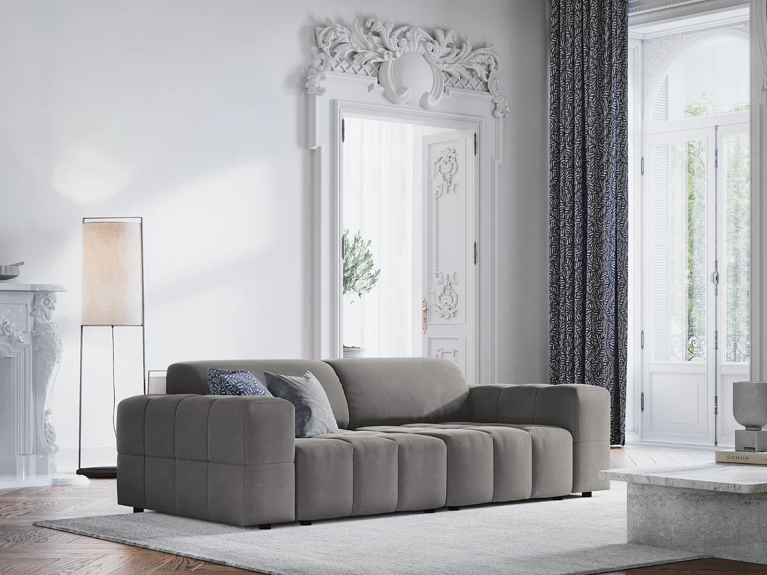 CXL by Christian Lacroix - Sofá "Luc" 3 lugares em veludo cinza claro - 204x102x70cm