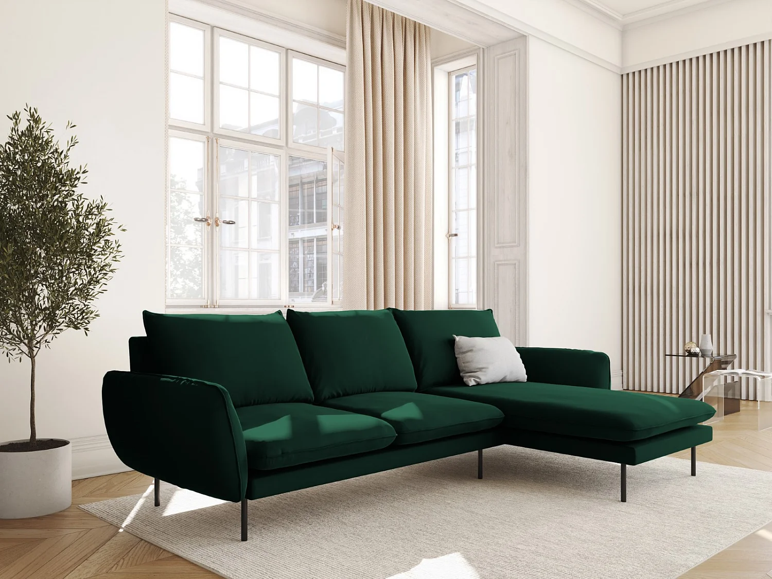 Cosmopolitan Design - Sofá esquinero derecho "Vienna" 5 plazas de terciopelo verde botella - 255x170x95cm