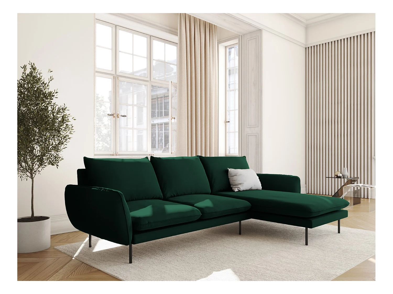 Cosmopolitan Design - Canapé d'angle droit "Vienna" 5 places en velours vert bouteille - 255x170x95cm