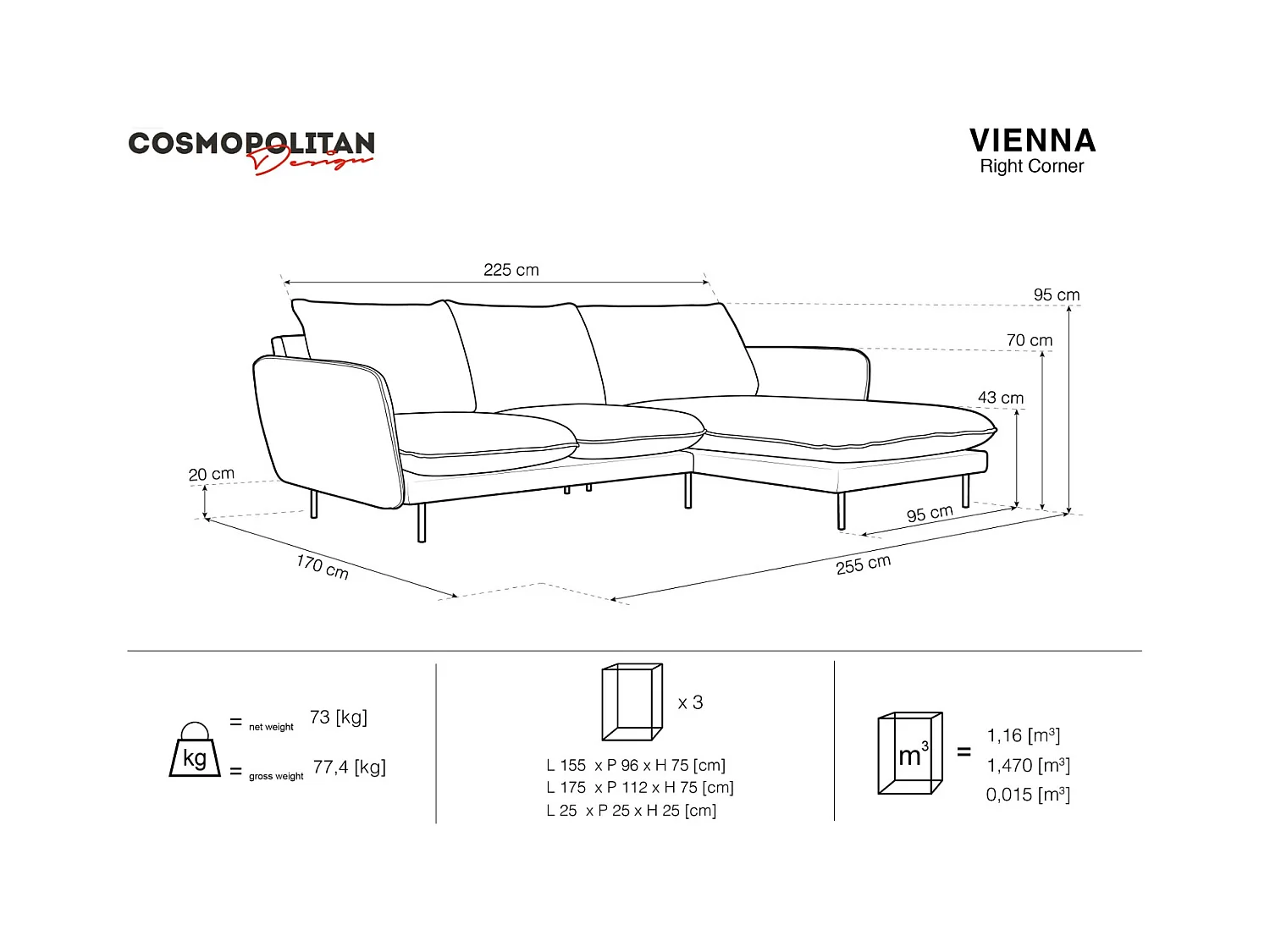 Cosmopolitan Design - Canapé d'angle droit "Vienna" 5 places en velours vert bouteille - 255x170x95cm