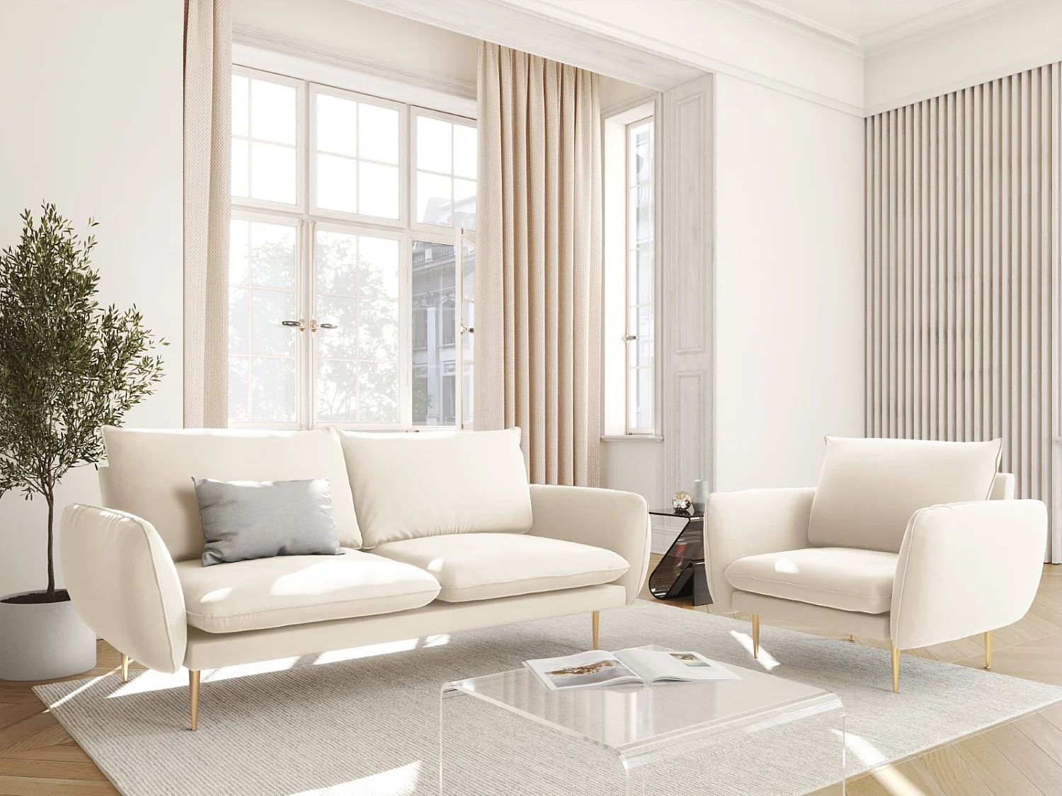 Cosmopolitan Design - 2-Sitzer Sofa "Vienna" aus Samt leichtes beige - 160x92x95cm