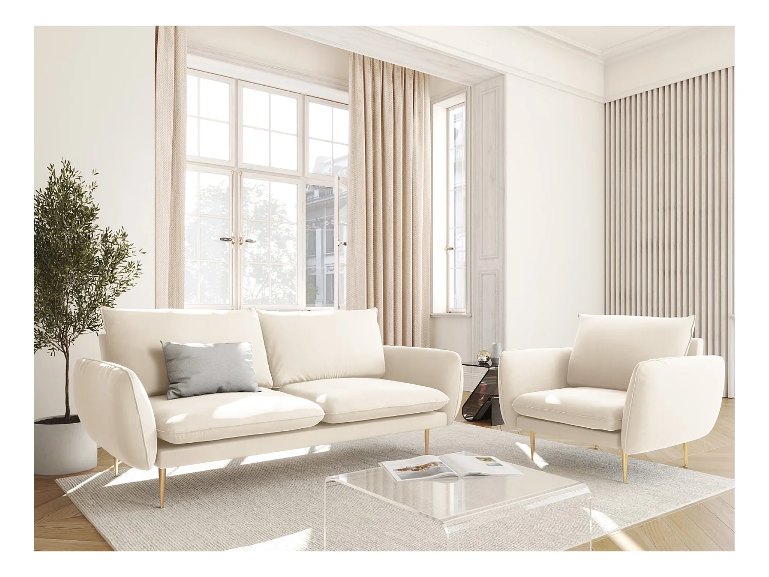 Cosmopolitan Design - Canapé "Vienna" 2 places en velours beige clair - 160x92x95cm