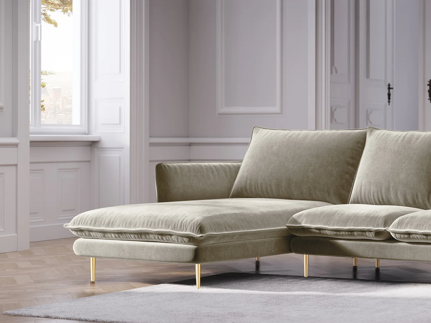 Cosmopolitan Design - Canapé d'angle gauche "Vienna" 5 places en velours beige - 255x170x95cm