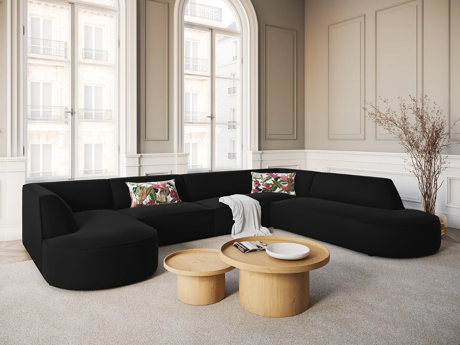 CXL by Christian Lacroix - Canapé d'angle droit panoramique "Charles" 7 places en velours noir - 366x273x69cm